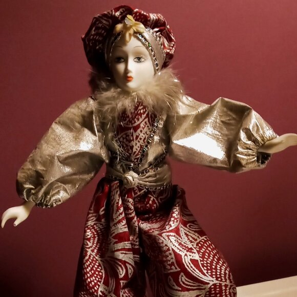 Vintage Pierrot Clown Doll Porcelain head arms feet Red & Silver Metallic Outfit - Picture 3 of 10